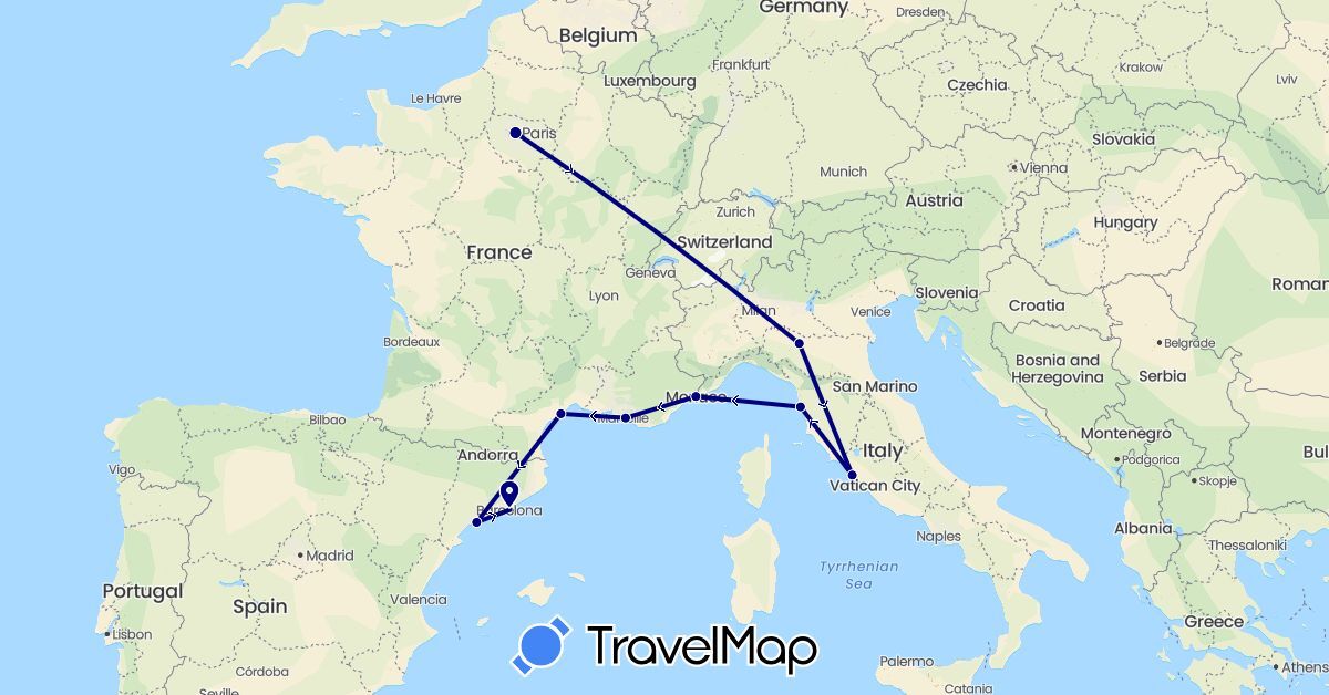 TravelMap itinerary: driving in Spain, France, Italy, Monaco (Europe)